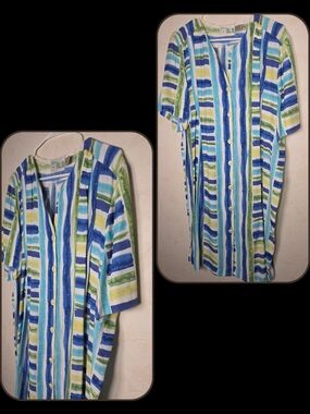Vintage Jill Jr Shirt Dress Women Blue Green Watercolor Striped Button Up Large